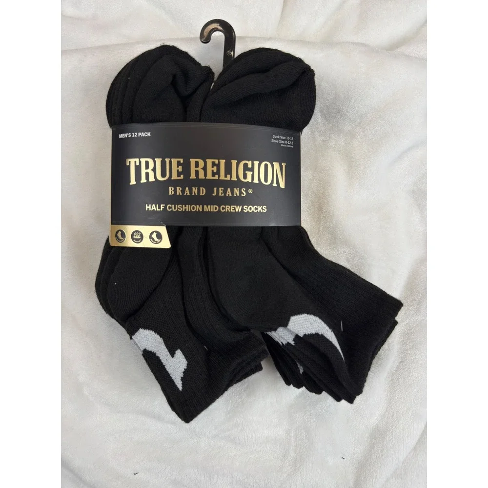 True Religion Mens 12 Pack Half Cushion Quarter Socks Black Horseshoe Logo New